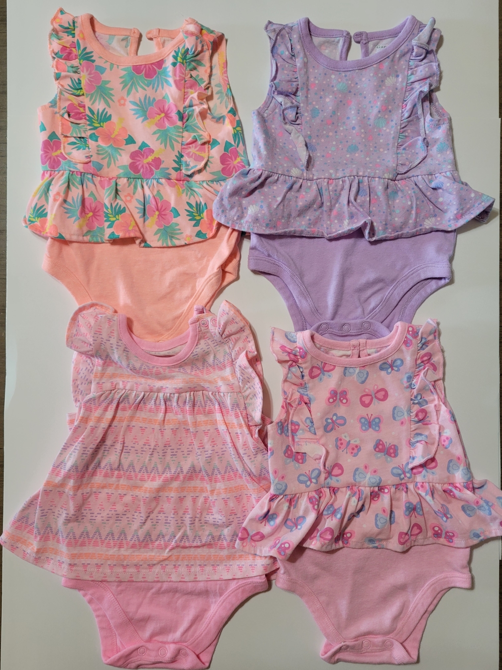 Carter’s Baby Girl 12M Romper Lot Ruffle Peplum Bodysuits Floral Butterfly 4pcs